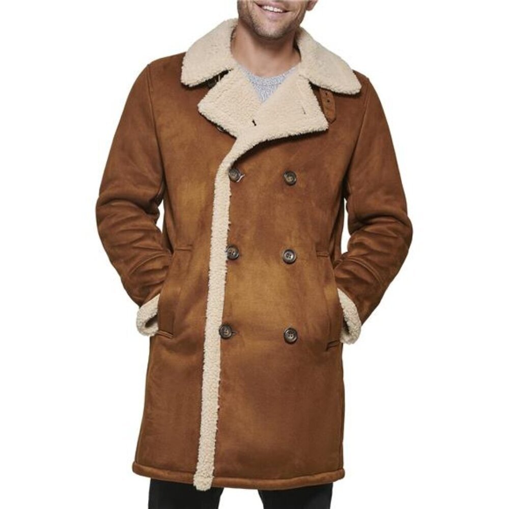 Cognac Faux Shearling Coat Midlength For Men